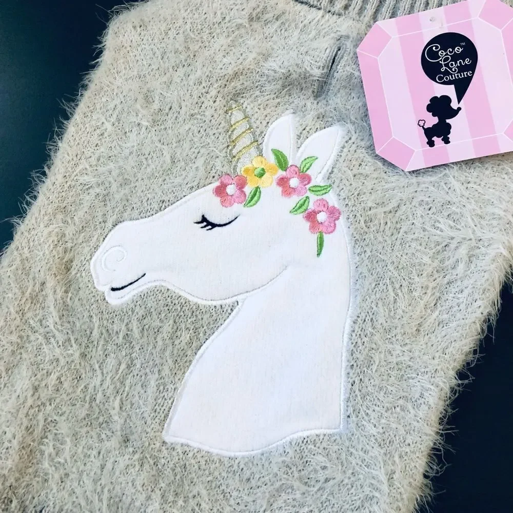 Unicorn Embroidered Gray Fuzzy Dog Pet Sweater M